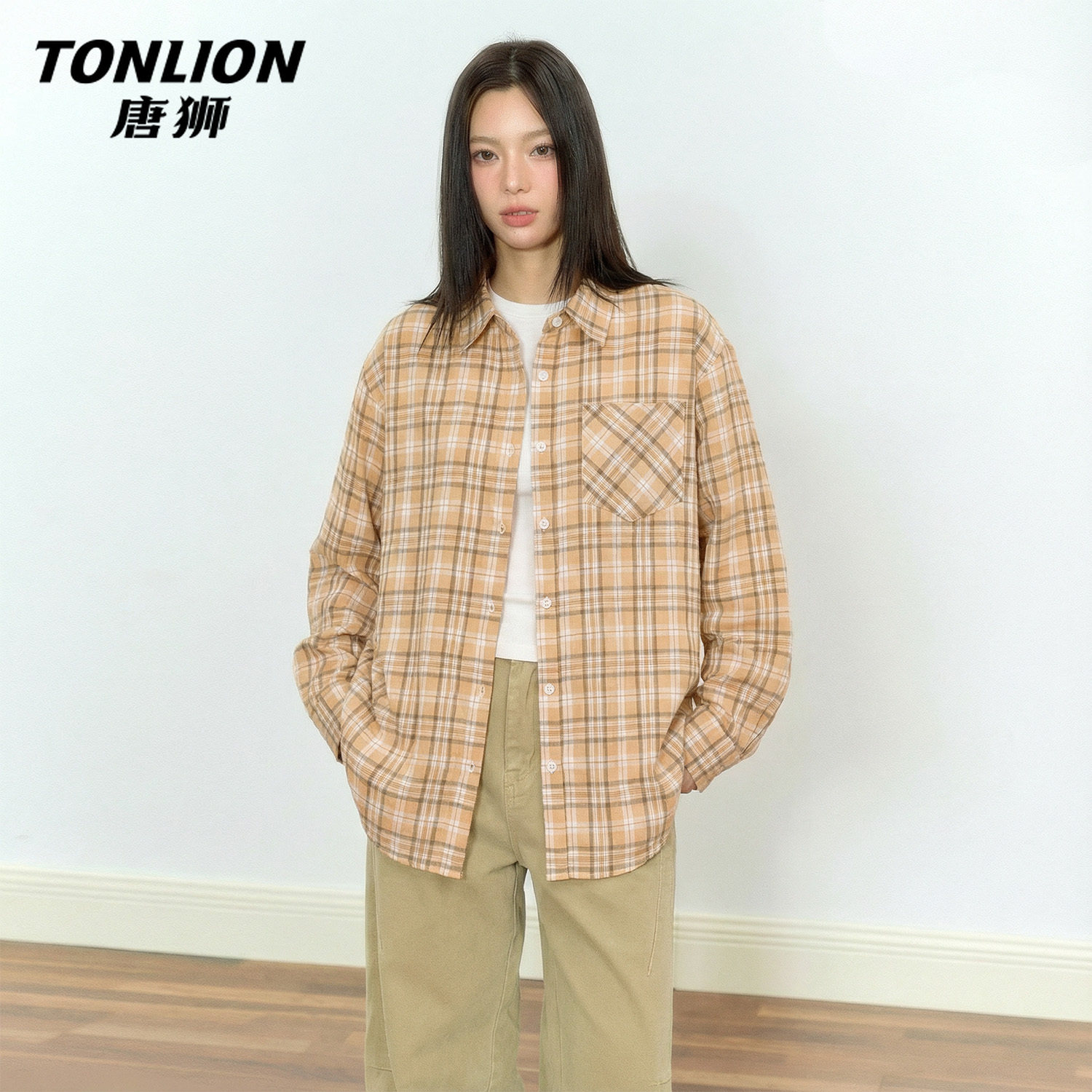 唐狮官方黄色长袖格子衬衫女2026新款春秋款女士宽松外套上衣女V