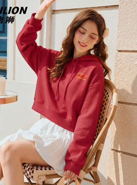 唐狮官方红色卫衣女2026新款春季马年本命年新年战袍帽衫短上衣VC