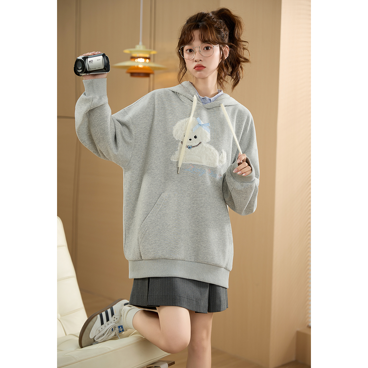 唐狮秋季新款灰色卫衣女韩版立体
