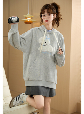 唐狮秋季新款灰色卫衣女韩版立体卷毛狗狗宽松连帽显瘦上衣TM
