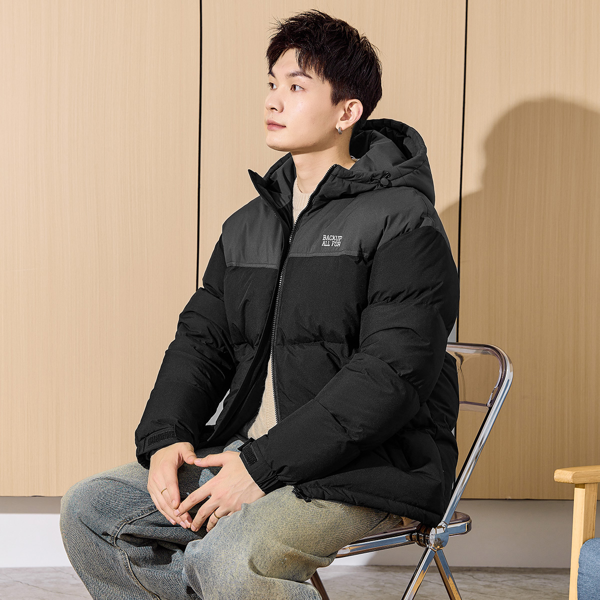 唐狮冬季新款男羽绒服撞色连帽短