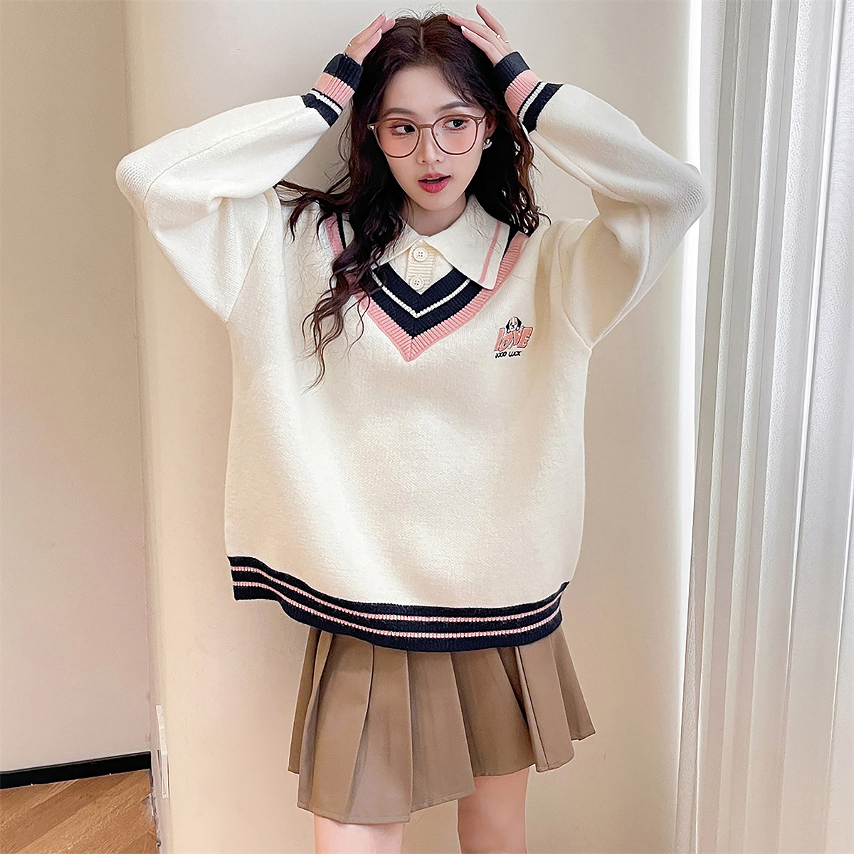 唐狮学院风假两件套头宽松套头春秋可外穿学院风上衣女装慵懒tu,女装/女士精品,毛衣,淘宝优惠券,粉丝福利购,淘宝优惠卷