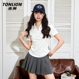 唐狮官方翻领短袖女t恤夏2026新款女士收腰抽褶半拉链短款上衣VB