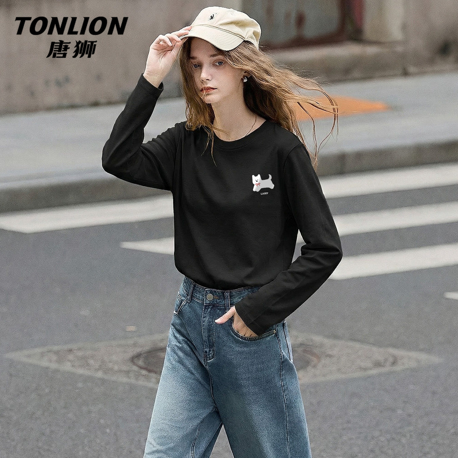 唐狮官方纯棉长袖t恤女2026新款春宽松大码打底衫内搭黑色上衣V