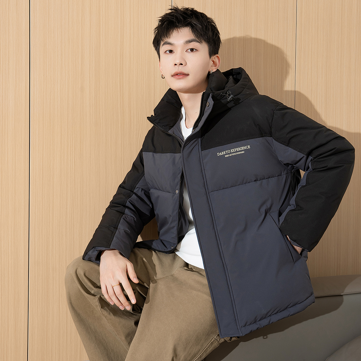 唐狮冬季新款男羽绒服连帽短款撞