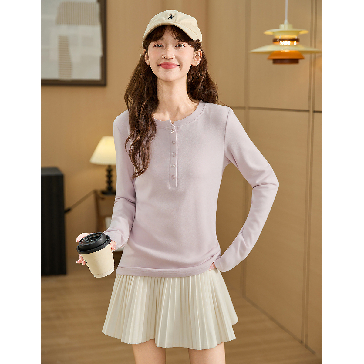 唐狮秋季新款长袖T恤女纯色圆领