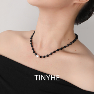 TINYHE米雪 天然黑玛瑙项链女纯银巴洛克珍珠简约圆珠锁骨链串珠