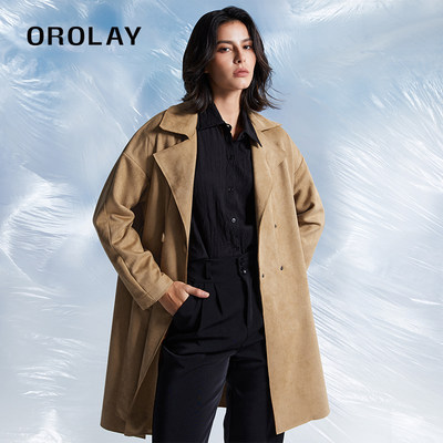 OROLAY长袖翻领中长款英伦风衣女