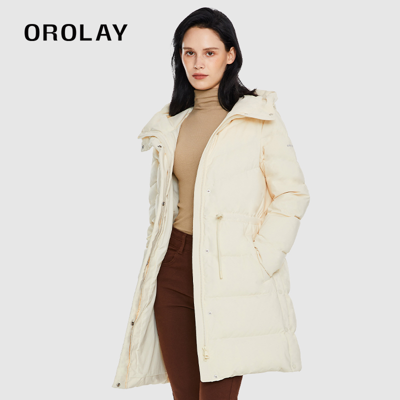 OROLAY休闲中长连帽开叉羽绒服