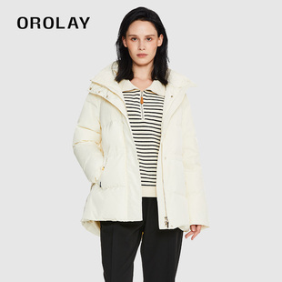 羽绒服女 休闲微亮面连帽保暖中长款 OROLAY欧绒莱经典 冬季