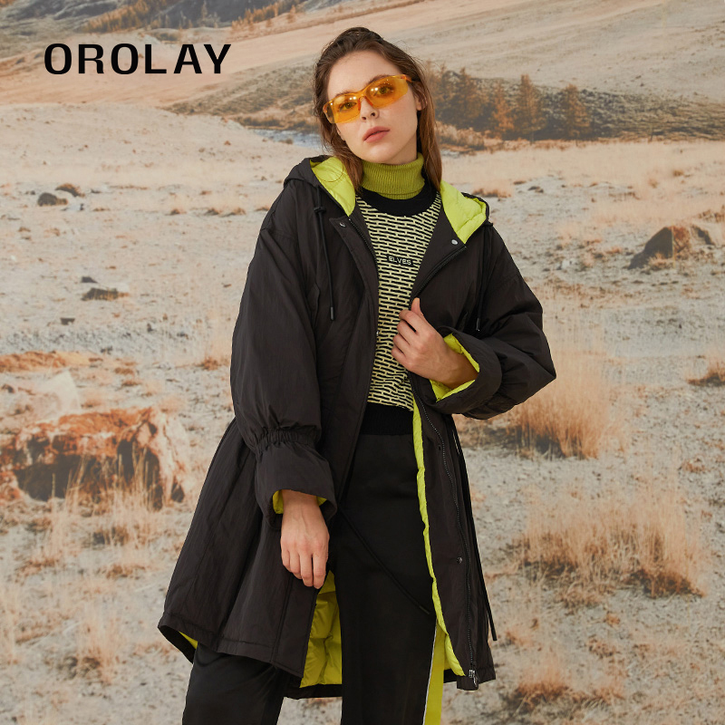 OROLAY时尚中长连帽羽绒服撞色女
