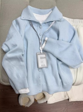 加厚软糯高领针织开衫上衣秋冬季温柔系Polo翻领软毛衣纽扣外套女