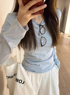 一件代发蓝色卷边长袖T恤女春秋冬季防晒罩衫韩系薄款打底上衣