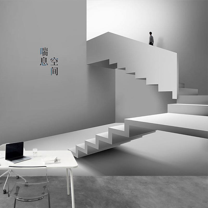 3d立体简约现代灰色背景墙纸空间延伸墙布工业风服装店工装壁画