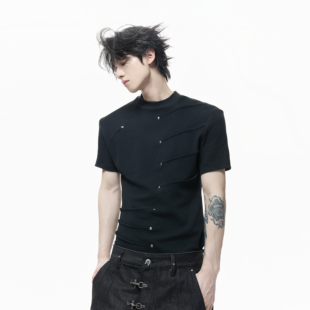 高级感纯色上衣 T恤百搭修身 ArguE脊骨 小众金属铆钉圆领正肩短袖