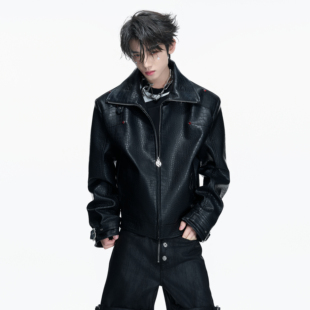 ArguE CulturE煞鳞仿生鳄鱼纹肌理感皮衣夹克立领宫廷扣短宽外套