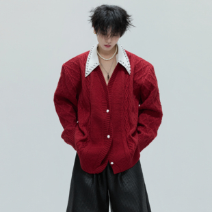 ArguE CulturE静奢贵气假两件毛衣复古手工珍珠加厚翻领针织开衫