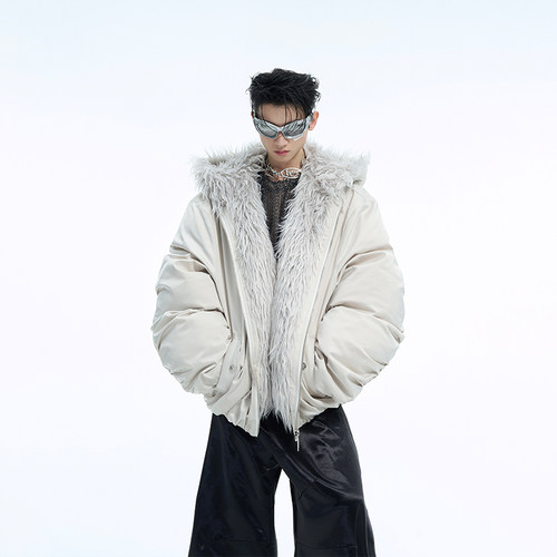 ArguE毛领拼接连帽棉服加厚外套