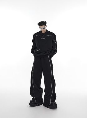 CulturE小众解构通体拉链设计感垫肩圆领卫衣重工宽松运动套装男