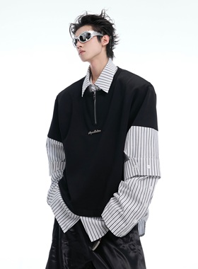 ArguE CulturE小众复古贵气假两件条纹衬衫男宽松简约百搭长袖T恤