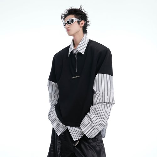 复古假两件条纹拼接衬衫