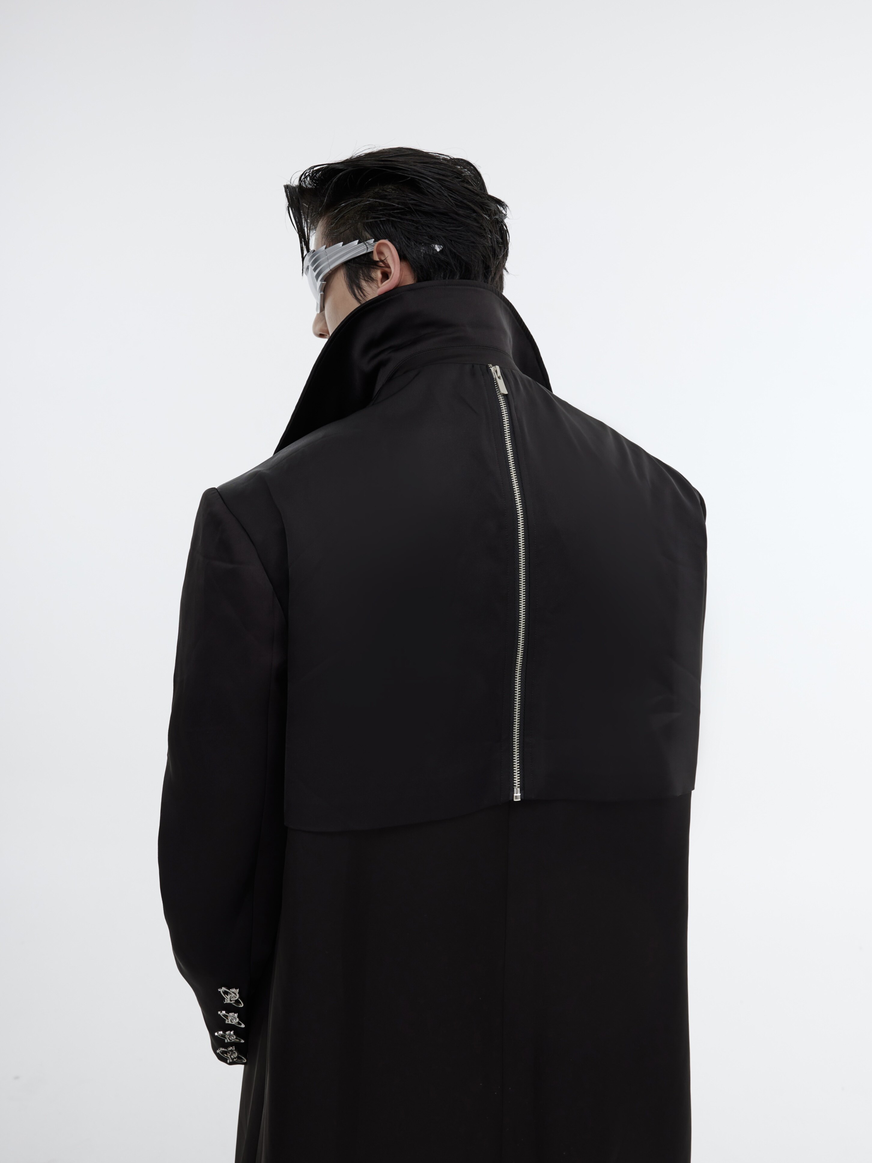 CULTURE NICHE THREE-DIMENSIONAL DOUBLE-LAYERED DECONSTRUCTED PADDED SHOULDERS LONG COAT SUIT METALLIC DESIGN OVER-THE-KNEE TRENCH COAT