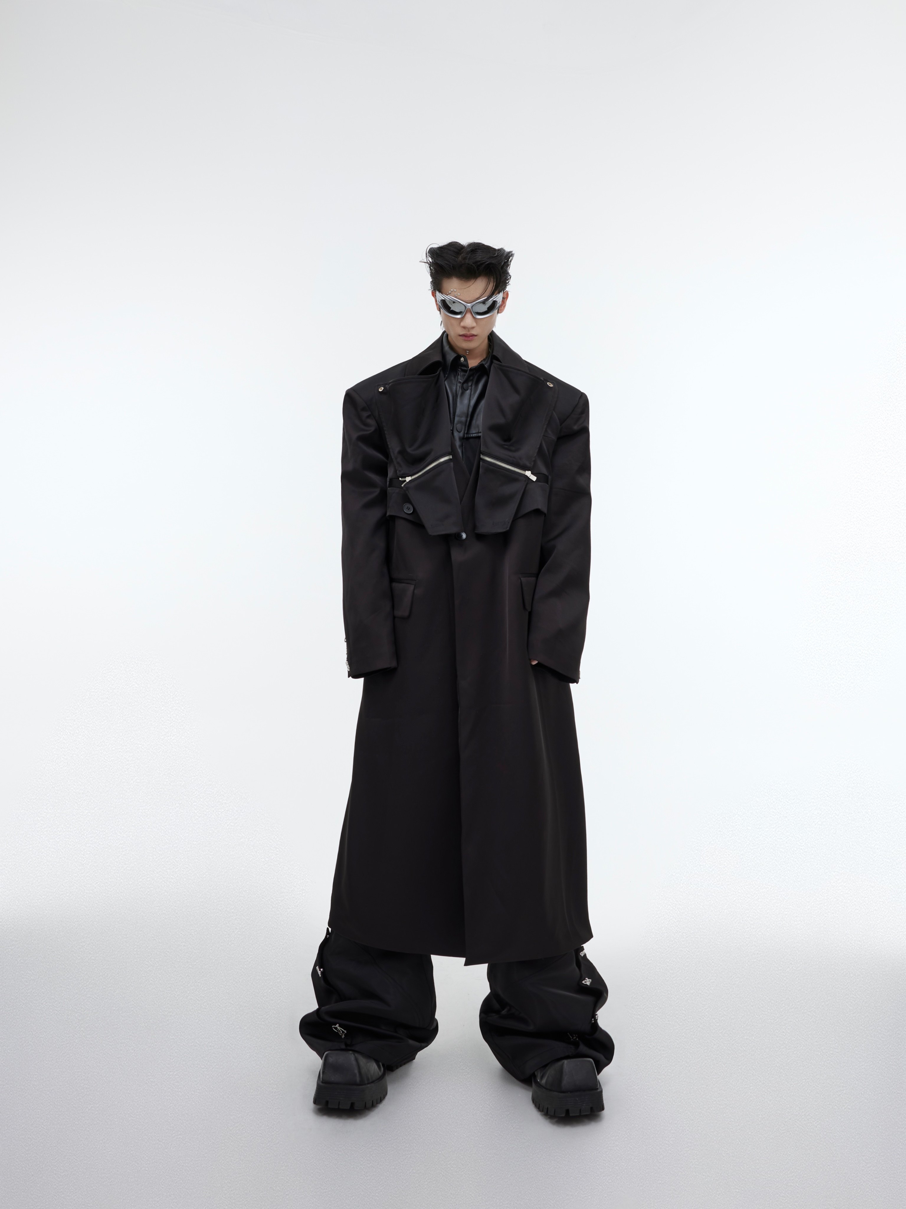 CULTURE NICHE THREE-DIMENSIONAL DOUBLE-LAYERED DECONSTRUCTED PADDED SHOULDERS LONG COAT SUIT METALLIC DESIGN OVER-THE-KNEE TRENCH COAT