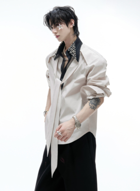 ArguE CulturE月落星河*领口镶钻高级感翻领衬衫飘带拼接撞色衫衣