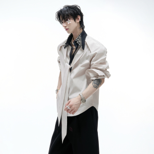 ArguE CulturE月落星河*领口镶钻高级感翻领衬衫飘带拼接撞色衫衣
