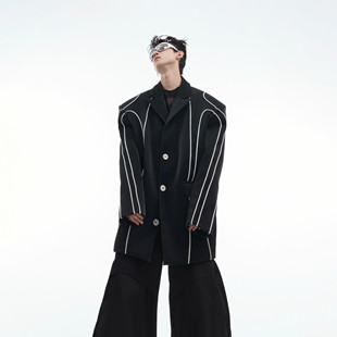 CulturE原创小众液态金属感PU皮垫肩西服外套先锋线条设计感西装