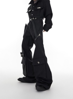 CulturE小众解构大口袋拼接西裤微喇叭高腰休闲裤金属设计感长裤