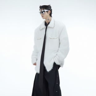 ArguE 宽松慵懒毛衣男 CulturE重工镶钻轻奢仿貂毛拼接设计感开衫