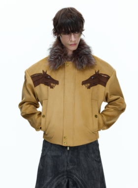 ArguECulturE苍裘*马年复古麂皮绒外套毛领短款手工镶钻挺阔夹克