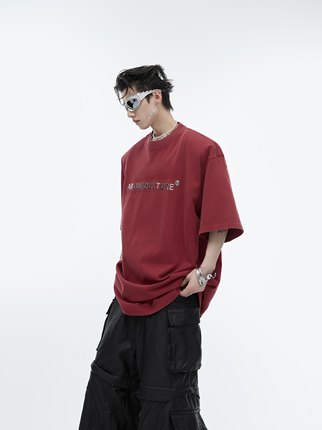 CulturE简领银镀 立体金属logo设计垫肩纯棉短袖重磅水洗做旧T恤