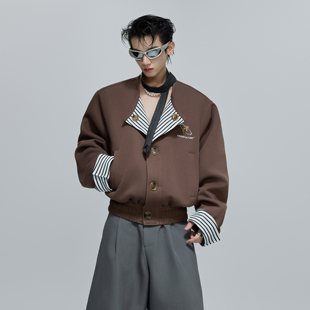 ArguE 宽松刺绣外套 CulturE小众条纹假两件拼接无领卫衣夹克短款