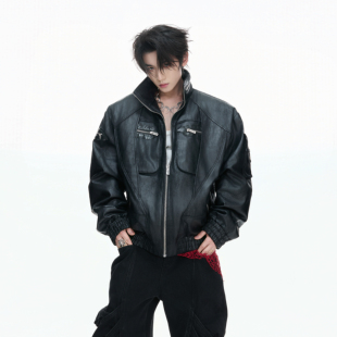 ArguE CulturE格度*26ss重磅做旧油蜡立领夹克多拉链解构皮衣外套