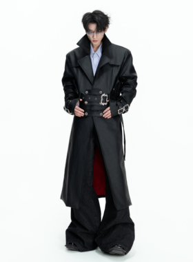 ArguE CulturE掠影*复古爆裂纹皮衣收腰垫肩皮大衣过膝长款风衣男