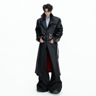 风衣男 复古爆裂纹皮衣收腰垫肩皮大衣过膝长款 ArguE CulturE掠影