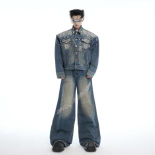 ArguE CulturE 小众重工复古细闪镶钻垫肩廓形牛仔外套直筒牛仔裤