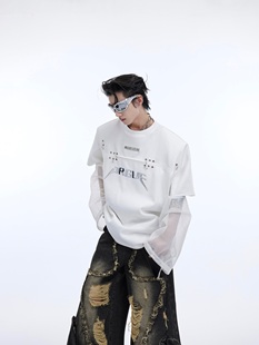 CulturE原创小众解构假两件网纱拼接长袖 夏 T恤金属LOGO设计感短袖