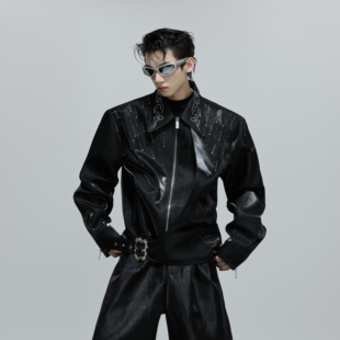 ArguE 外套秋 CulturE小众假两件液态亮面夹克细闪镶钻宫廷扣短款