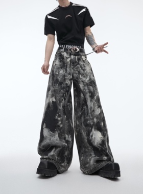 CulturE重磅小众复古做旧废土风宽松牛仔裤喷染刷蜡工艺休闲裤男