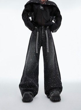 ArguE24ss新款满天星烫钻复古水洗飘带牛仔裤小众宽松重工阔腿裤