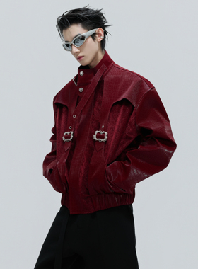 ArguE CulturE鳄鱼纹鳞片短款夹克立领马毛拼接重磅设计皮衣外套