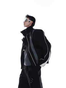 CulturE小众解构拼接垫肩夹克外套pu皮设计感高级机车服上衣男