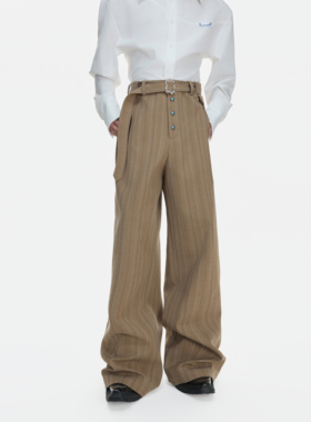 ArguE CulturE小众复古打褶条纹高腰长裤宽松腰带直筒阔腿裤