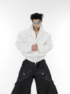 CulturE小众解构流光液态垫肩短款 夹克外套金属分割设计感皮衣男