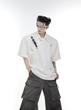 CulturE小众解构金属皮带扣设计感垫肩PoLo衫先锋高级短袖男T恤潮