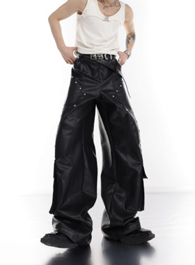 CulturE小众金属柳冰装饰工装皮裤大口袋拼接设计阔腿裤宽松长裤