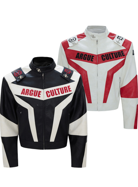 ArguE CulturE成名解构撞色垫肩皮衣重工徽短款盔甲机车夹克外套